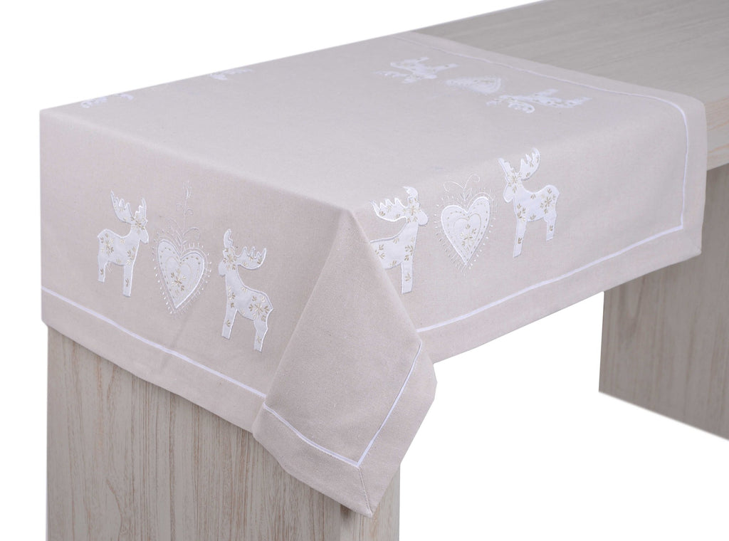 OBRUS KREMOWY ZE WZOREM SERCA I RENIFERA 85x85 cm