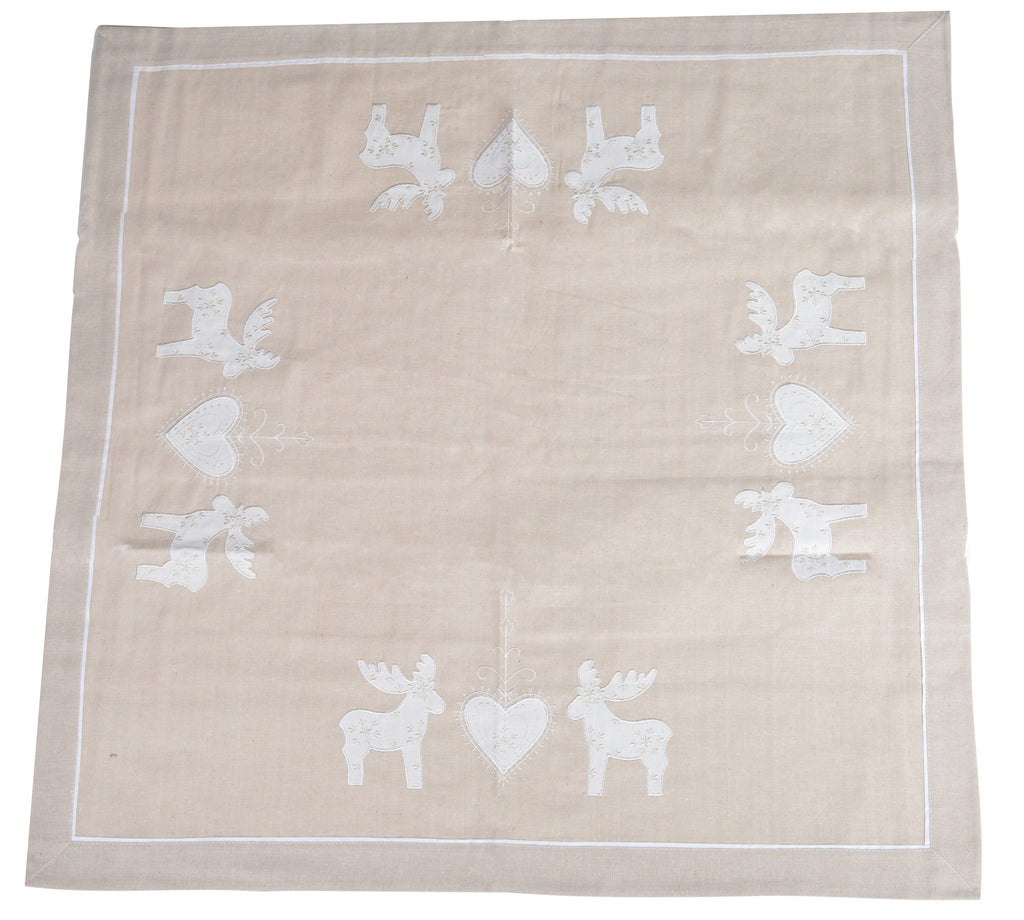 OBRUS KREMOWY ZE WZOREM SERCA I RENIFERA 85x85 cm