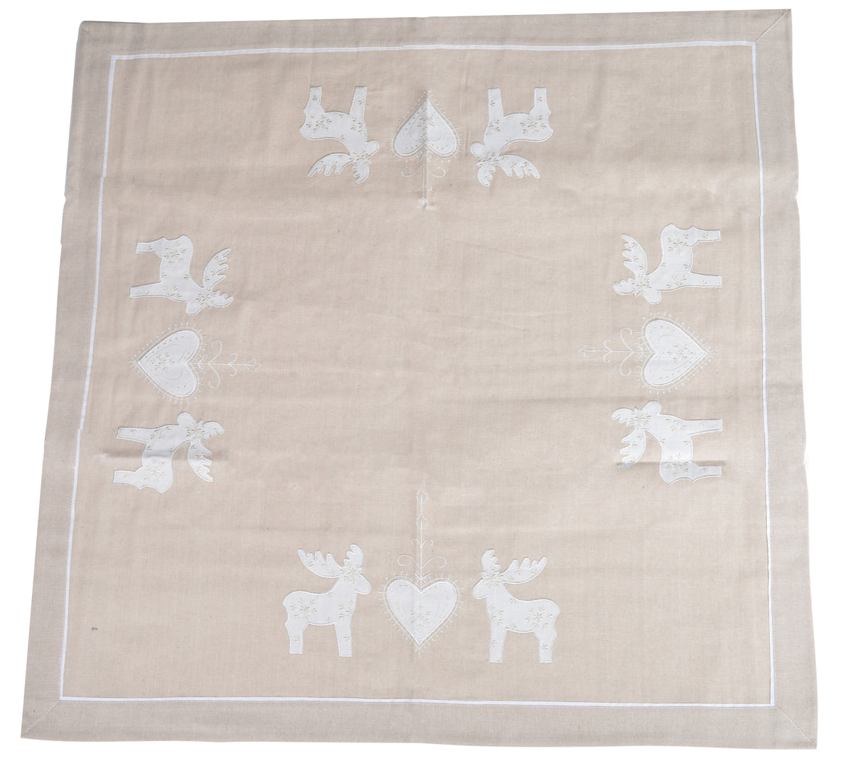 OBRUS KREMOWY ZE WZOREM SERCA I RENIFERA 85x85 cm