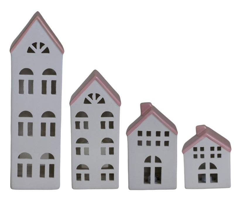 DOMEK CERAMICZNY NA T-LIGHT BIAŁY Z RÓŻOWYM DACHEM MAŁY