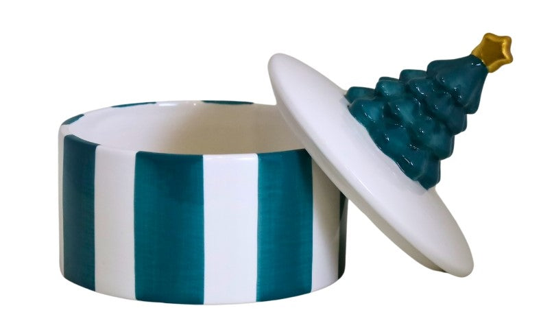 POJEMNIK CERAMICZNY Z CHOINKĄ NA CIASTECZKA W PASKI ZIELONO-BIAŁE