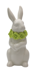 KRÓLICZEK CERAMICZNY STOJĄCY BIAŁY Z LIMONKOWYMI KWIATUSZKAMI DUŻY