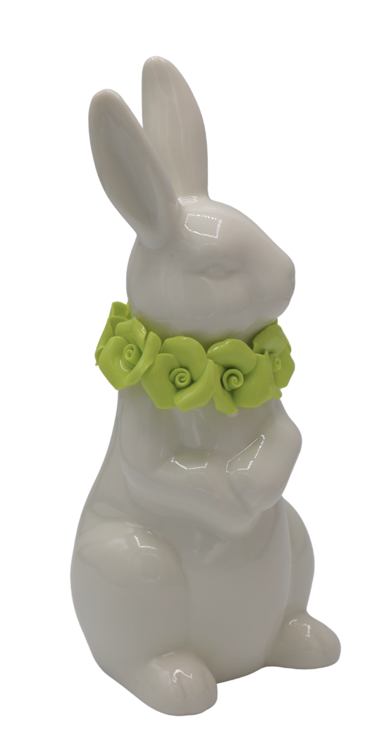 KRÓLICZEK CERAMICZNY STOJĄCY BIAŁY Z LIMONKOWYMI KWIATUSZKAMI DUŻY