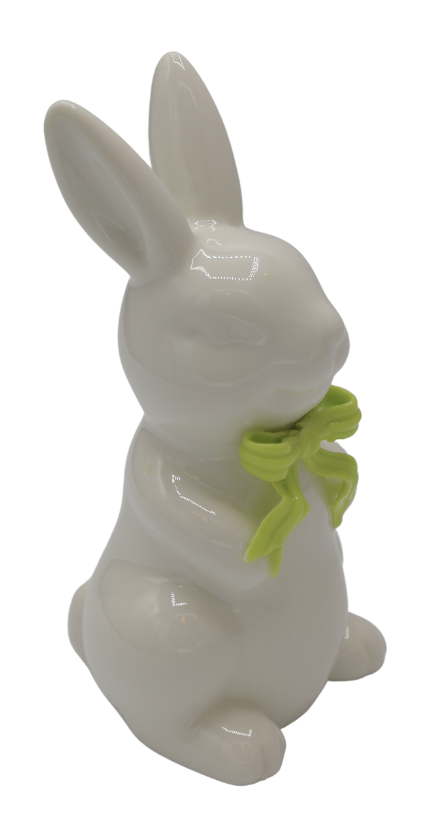 KRÓLICZEK CERAMICZNY STOJĄCY BIAŁY Z LIMONKOWĄ KOKARDĄ MAŁY