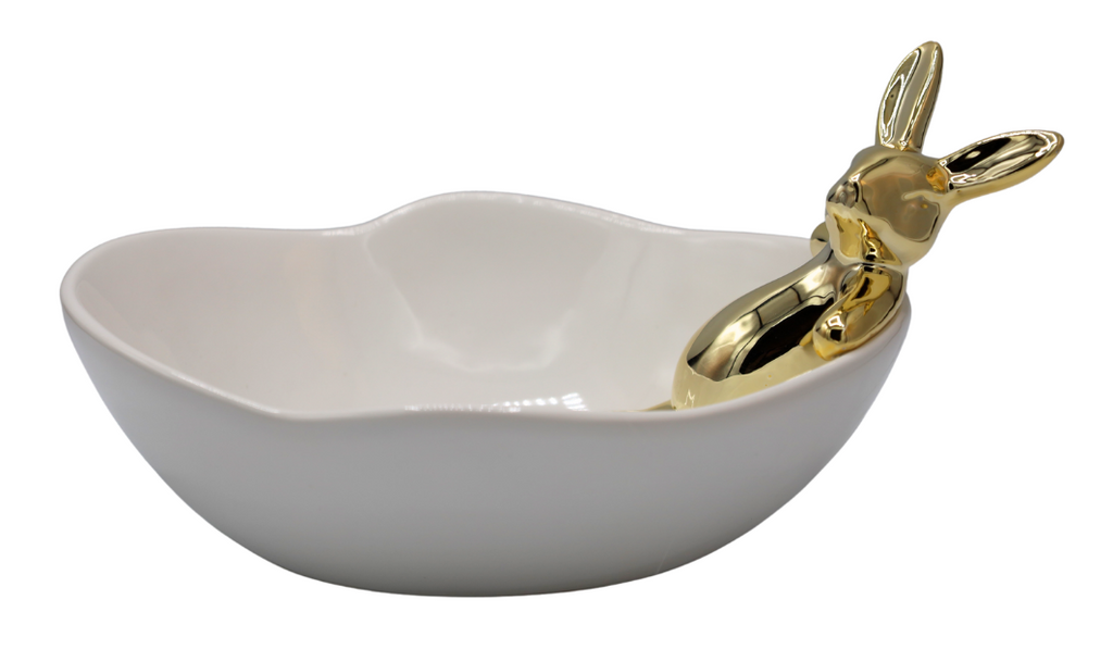 MISECZKA CERAMICZNA BIAŁA ZE ZŁOTYM KRÓLIKIEM LEŻĄCYM