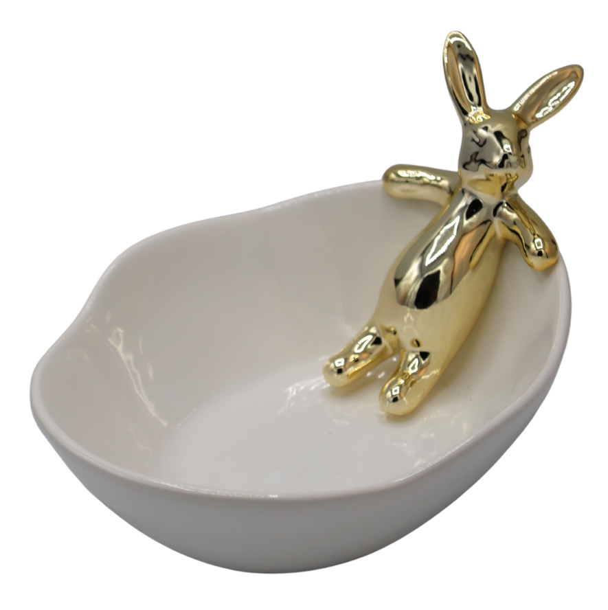 MISECZKA CERAMICZNA BIAŁA ZE ZŁOTYM KRÓLIKIEM LEŻĄCYM