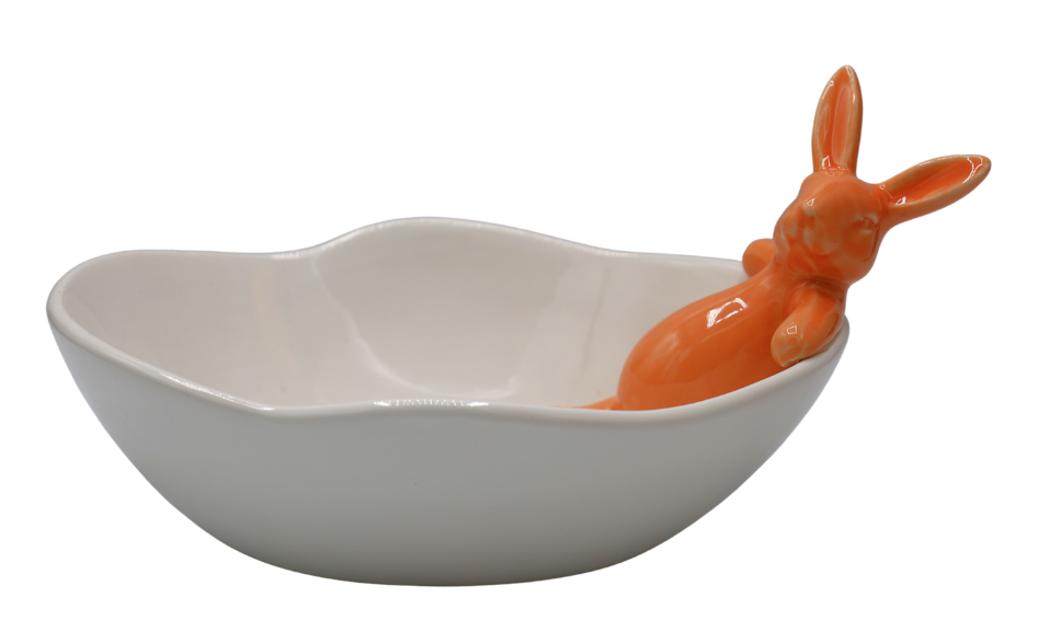 MISECZKA CERAMICZNA BIAŁA Z MORELOWYM KRÓLIKIEM LEŻĄCYM