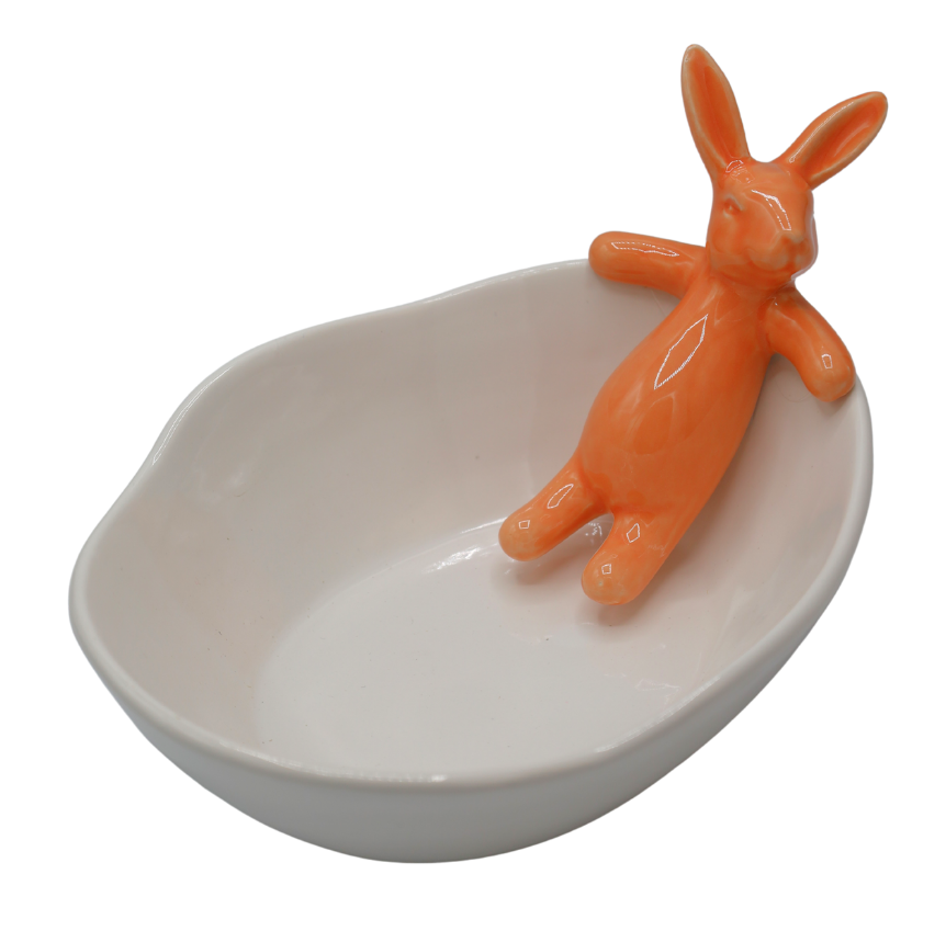 MISECZKA CERAMICZNA BIAŁA Z MORELOWYM KRÓLIKIEM LEŻĄCYM
