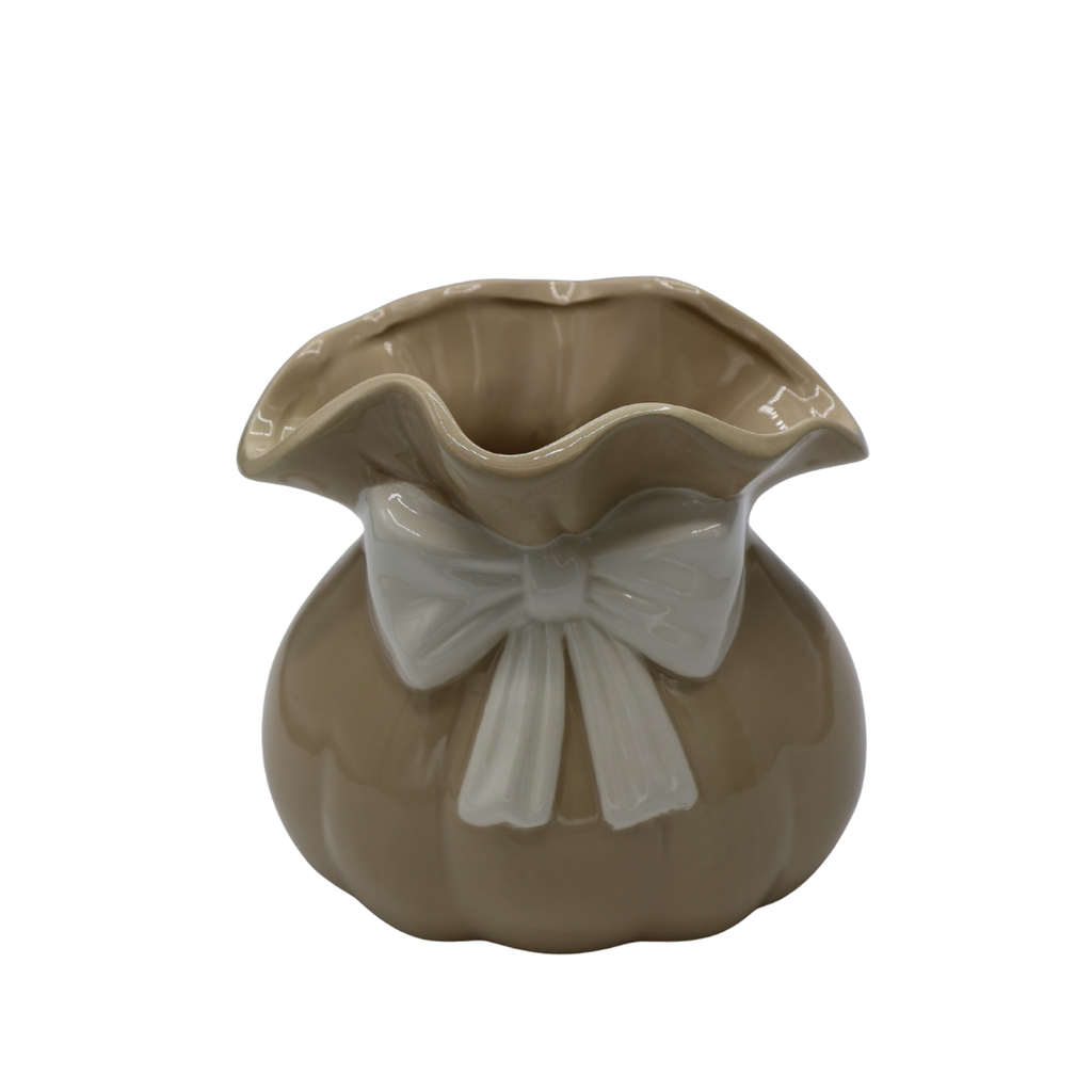 WAZON CERAMICZNY BEŻOWY Z BIAŁĄ KOKARDKĄ