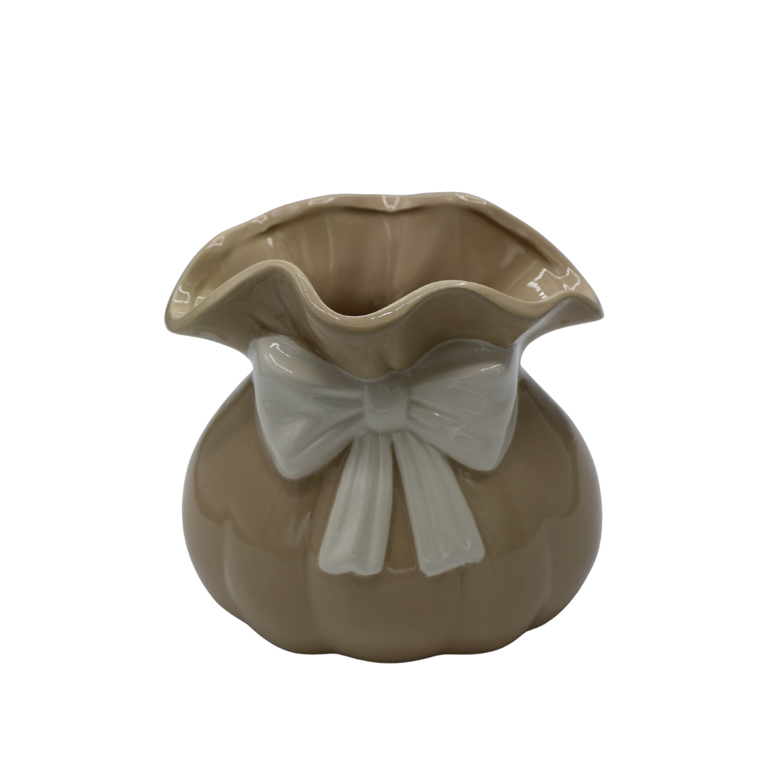 WAZON CERAMICZNY BEŻOWY Z BIAŁĄ KOKARDKĄ