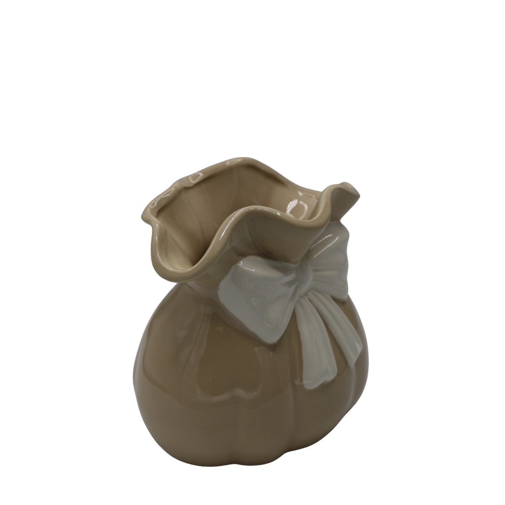 WAZON CERAMICZNY BEŻOWY Z BIAŁĄ KOKARDKĄ
