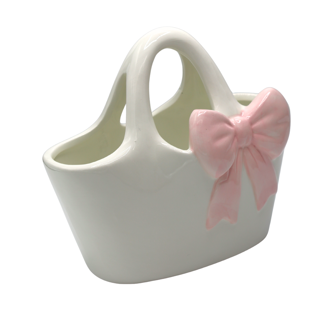 WAZON CERAMICZNY TOREBKA BIAŁA Z RÓŻOWĄ KOKARDĄ