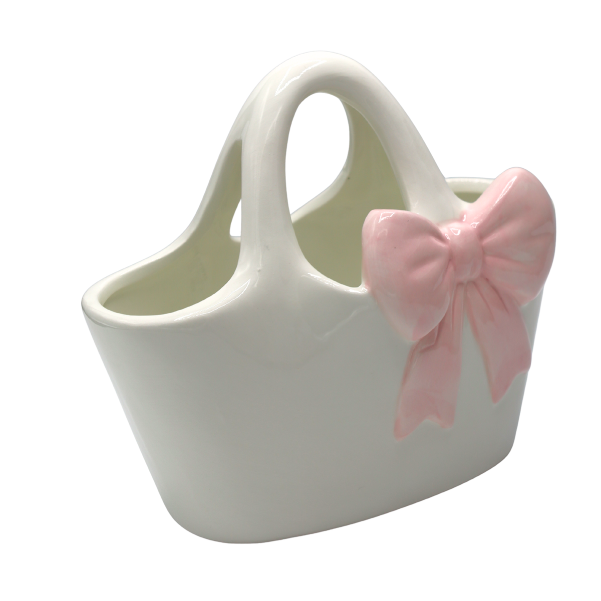 WAZON CERAMICZNY TOREBKA BIAŁA Z RÓŻOWĄ KOKARDĄ